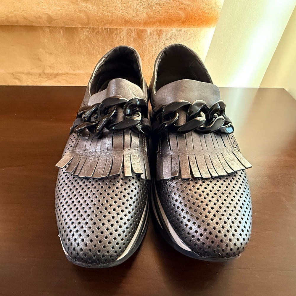 Women's Black Perforated Leather Loafers with Fringe and Chain